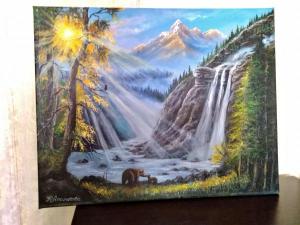 Продам картину маслом "Водопад в горах". .