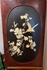 Японское панно с цветами,птицами, авторское ,перламутр,дерево,старинное