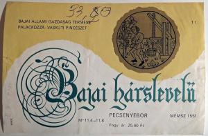 Этикетка. Вино "Bajai hárslevelű", Венгрия. 1976 год