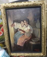 Картина Две девицы под окном, холст, масло, авторская, царская Россия