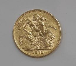 Золотая монета 1 соверен 1872 года, Великобритания, королева Виктория