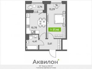 1-комнатная квартира, 37.46 кв.м