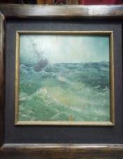 Картина Корабль в штормовом море, фанера,масло, авторская, 1927 год