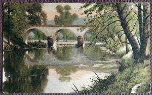 Антикварная открытка "Пейзаж с мостом"