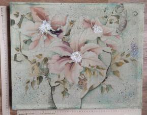 Картина батик Вишня в цвету , роспись по натуральному шёлку, авторская