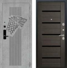 Дверь входная (стальная, металлическая) Баяр 1 quot;Волкquot; СБ-14 Черное стекло quot;Лиственница сераяquot; с биометрическим замком (электронный, отпирание по отпечатку пальца)