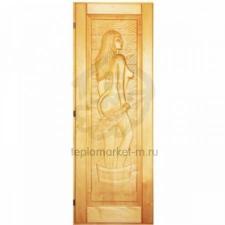 Дверь для бани деревянная DoorWood Массив с резьбой quot;Девушкаquot; (1900х700 мм)