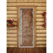 Дверь для бани DoorWood Престиж с рисунком quot;Мишки в лесуquot; Бронза матовая, 1900x700 мм