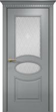 Межкомнатная дверь Оникс Эллипс фрезерованное (Эмаль RAL 7040 по ясеню) сатинат белый, гравировка Британия