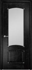 Дверь Оникс модель Прага Цвет:эмаль черная патина серебро Остекление:Сатинат белый