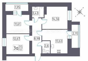 3-комнатная квартира, 71.5 кв.м.