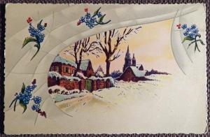 Антикварная открытка "Сельский зимний пейзаж"