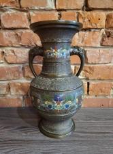 Бронзовая напольная декоративная ваза, разноцветные эмали, старинная, Япония
